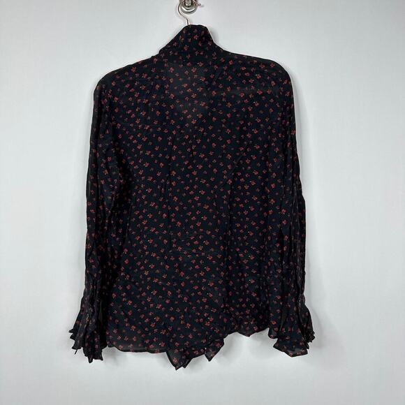 2/$30 ZARA Ruffle Button Down Blouse Rose Print Black Large #8185 - Picture 8 of 10